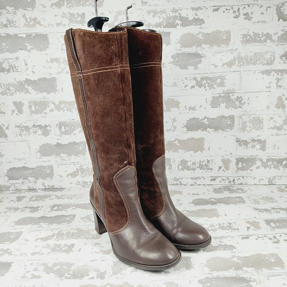 Franco Sarto Tall Brown Leather Suede Block Heel Rounded Toe Boots X230 - Picture 4 of 15